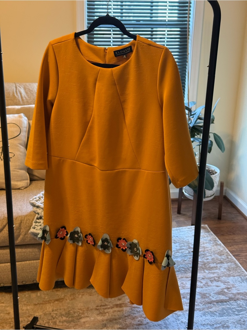 Eloquii Women’s Mustard Yellow A-Line Dress with Floral Appliqués